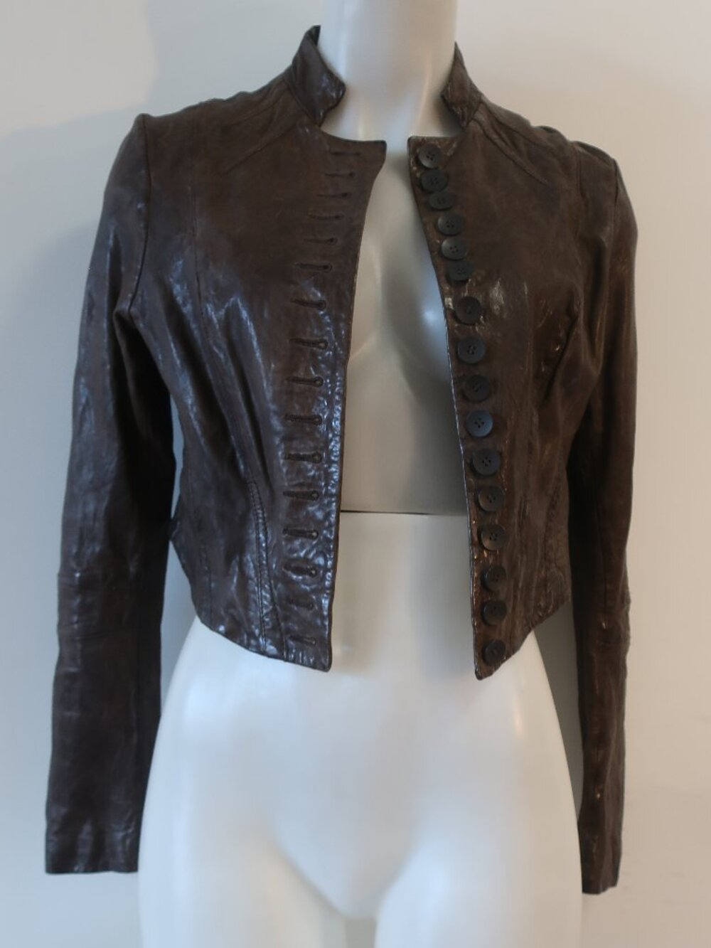 Womens All Saints Brown (Item- 314) Cropped Bomber Leather Lelex Moto Jacket 12 - Picture 8 of 15